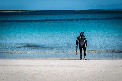 Diver harvesting mollusks artisanally along the Peruvian coast for Kostera